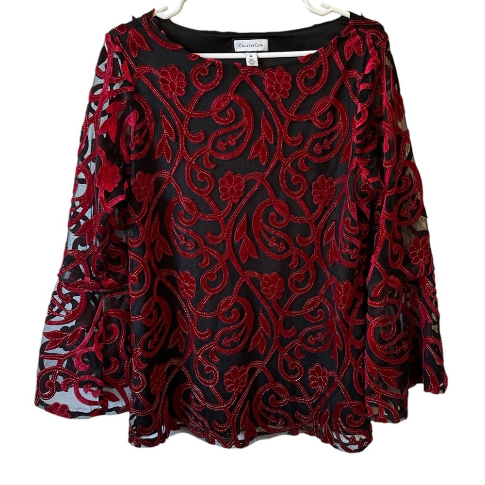 CHARTER CLUB RED AND BLACK MESH BELL SLEEVE BLOUSE SIZE M